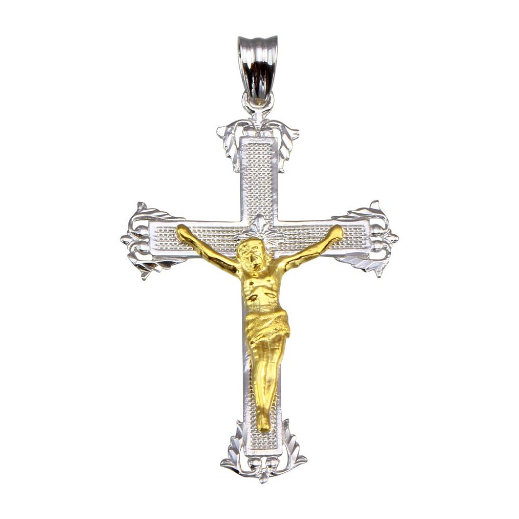 925 Sterling Silver Two Tone Cross Crucifix Religious Pendant Necklace 75$